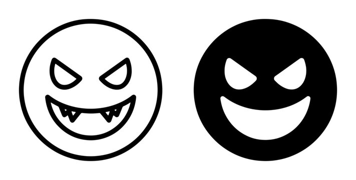Evil Smiley Face Icons, Devilish Grin Emoticons, Sinister Smile Vector Symbols, Black and White Expressions for Digital Design