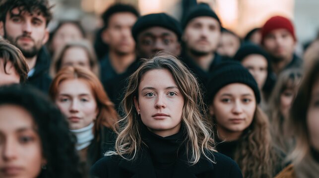 Blasphemy Day: a diverse crowd of people from different backgrounds standing shoulder to shoulder facing forward, confident neutral expressions