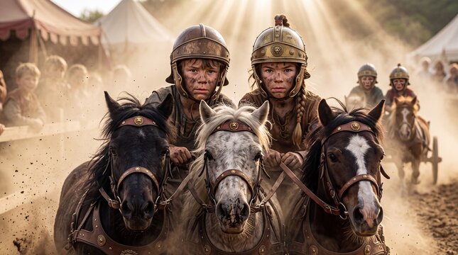 Expressive Young Roman Charioteers Racing a Three Pony Team