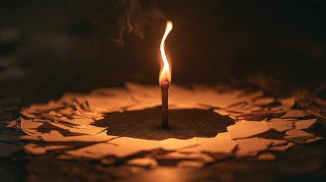 Blasphemy Day: a single match being struck in darkness, small flame illuminating a surrounding circle of blank paper scraps, symbolic concept of a spark of an idea
