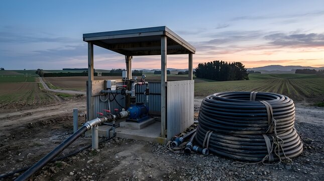 Coiled irrigation hoses beside a rural water pump station at dawn