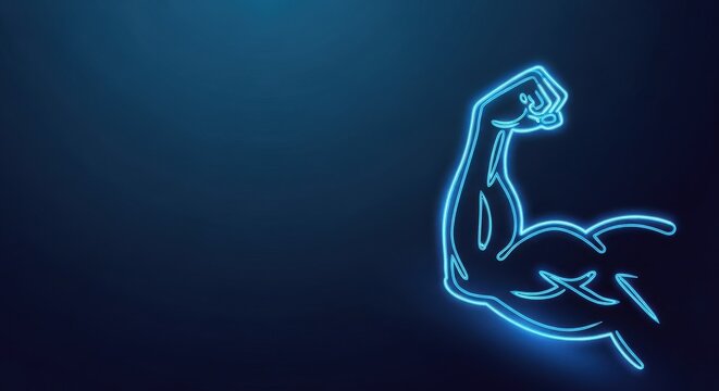 Neon blue outline of a flexed biceps muscle glowing against a dark background, symbolizing strength and fitness.