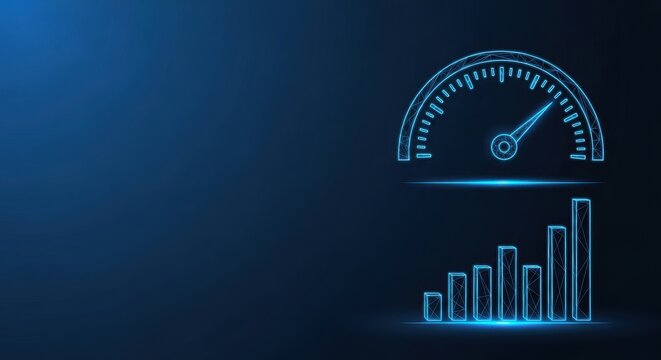 Digital speedometer and bar graph indicating technological performance and data analytics on a blue background