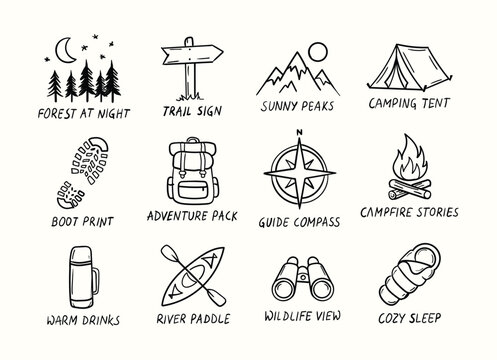 Set of hand drawn camping and hiking adventure icons