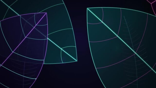 Abstract neon leaf wireframes glowing in dark digital space