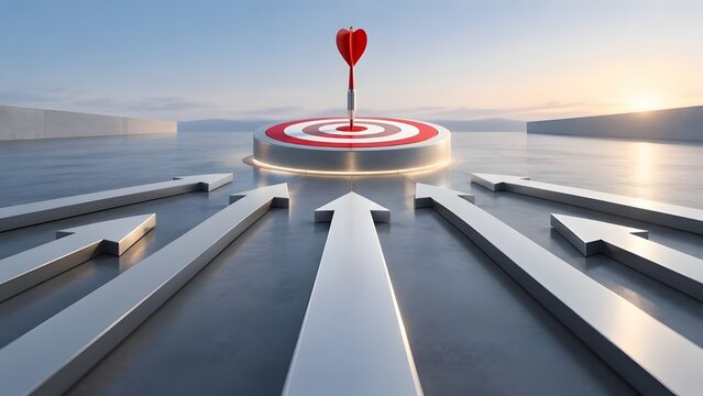 Silver arrows converging on illuminated red bullseye target indicating strategic alignment and shared corporate goals