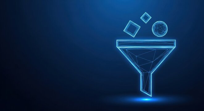 Digital funnel transforming geometric data shapes in a blue neon abstract technological network