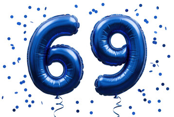 Niebieskie balony '69' i konfetti, tło białe