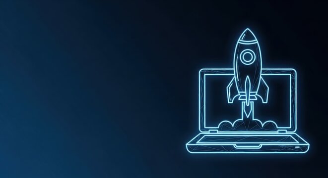 Startup Rocket Launching from Laptop Screen Representing Technology and Business Innovation