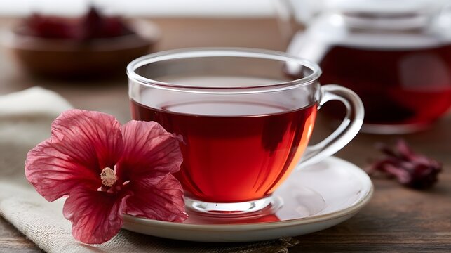 A clear glass cup holds vibrant red hibiscus tea  beside a fresh pink hibiscus flower on a wooden table