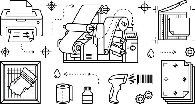 Commercial printing industry line icons set with offset press machine scanner digital printer paper cutter and silkscreen