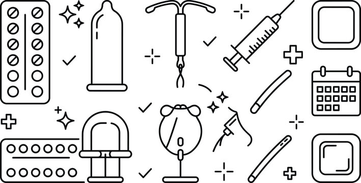 Contraception methods and birth control vector line icons set with pills condom iud syringe patch and calendar