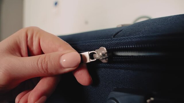 Close-up of a hand opening the zipper of a blue suitcase. High quality 4k footage