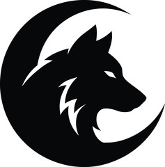 Fototapeta premium Minimalist wolf head logo vector, black silhouette wolf profile with crescent moon, modern animal mascot icon for branding