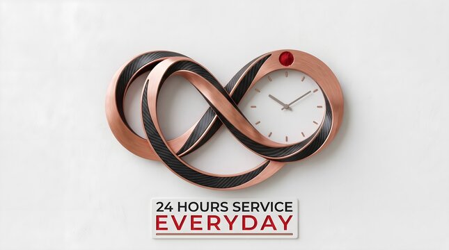 Infinity clock indicating twenty four hours daily service with copper clock