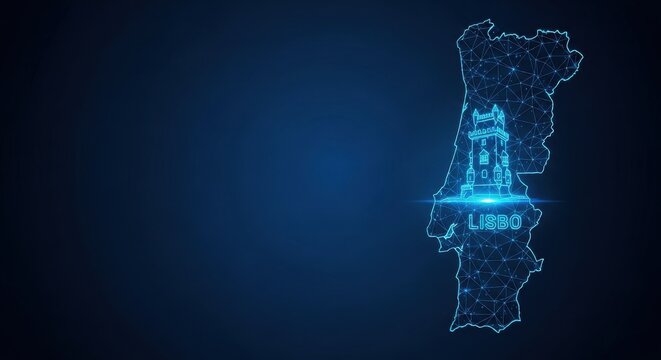 Digital Map Outline of Lisbon Portugal Featuring a Glowing Landmark and City Name