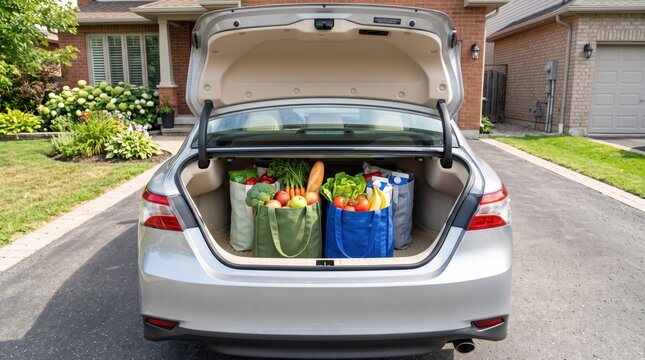 Open car trunk filled with reusable grocery bags containing fresh vegetables and fruits parked in driveway of suburban house, sustainable shopping and delivery concept