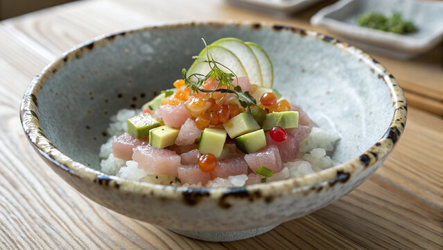Photorealistic amberjack tartare with cucumber, apple, finger lime, shiso and rice lace served in a chilled stone bowl