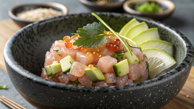 Photorealistic macro amberjack tartare revealing moist fish dice, crisp vegetables, finger lime pearls, shiso and yuzu gel