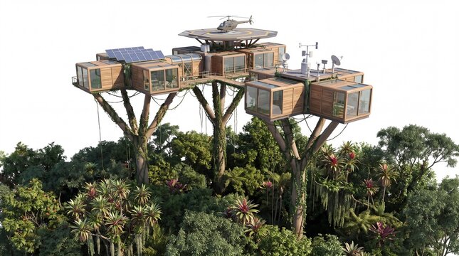 Futuristic Modular Treehouse Complex With Helipad Nestled Atop A Dense Tropical Rainforest Canopy For Sustainable Off Grid Living