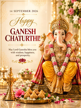 Ganesh chaturthi greeting with lord ganesha statue flowers traditional oil lamp ganpati bappa hindu festival religious ceremony