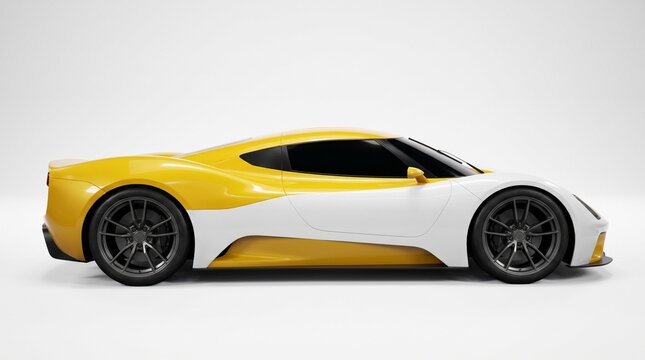 Modern Yellow and White High-Performance Sports Supercar Profile View Isolated on White Background Stock Photography