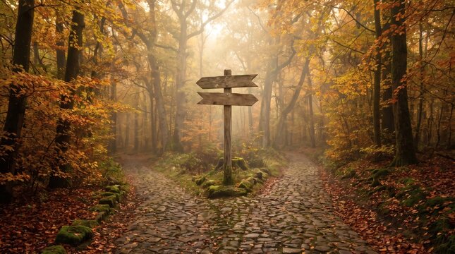 Wooden signpost at a fork in the road in a misty autumn forest with golden light