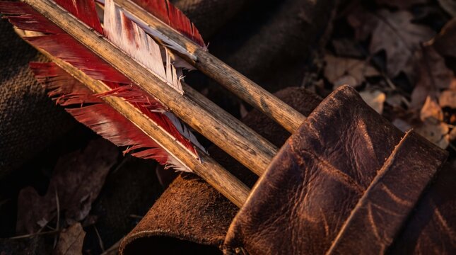 Close up of traditional wooden arrows with red fletching in a leather quiver