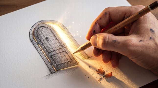 Creative hand drawing a glowing magical door on white paper with pencil