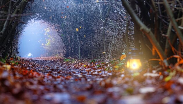 Mysterious autumn forest path with glowing lantern and foggy tunnel