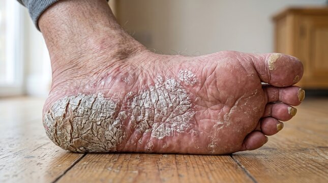 Severe cracked heel and hyperkeratosis on sole of human foot requiring podiatry care
