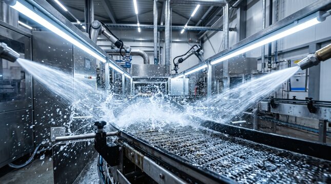 Automatic high pressure water cleaning system on industrial food conveyor belt