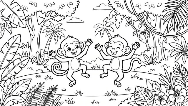 Two playful monkeys dancing in a jungle with tropical plants. Coloring book is suitable for children aged 6-10 years
