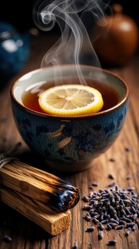 Warm cup of tea with lemon slice steams gently. Palo santo wood smolders beside lavender buds on rustic wooden table. Relaxing beverage ritual promotes wellness.