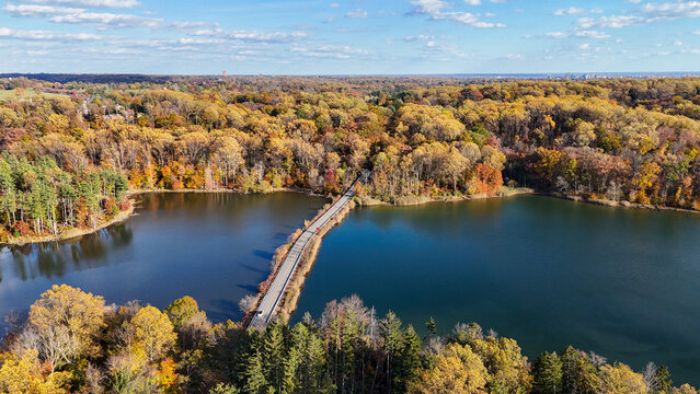 Aerial View of Hoopes Reservoir and Autumn Foliage in Wilmington, Delaware