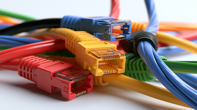 Colorful network ethernet cables with rj45 connectors tangled together representing complex internet connection infrastructure