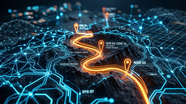 Digital data network map with glowing navigation pathways and nodes