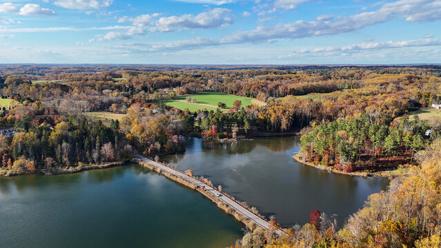 Aerial View of Hoopes Reservoir and Autumn Foliage in Wilmington, Delaware