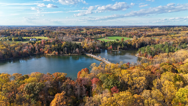 Aerial View of Hoopes Reservoir and Autumn Foliage in Wilmington, Delaware