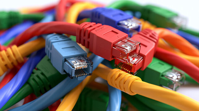 Colorful network ethernet cables with rj45 connectors tangled together representing complex internet connection infrastructure