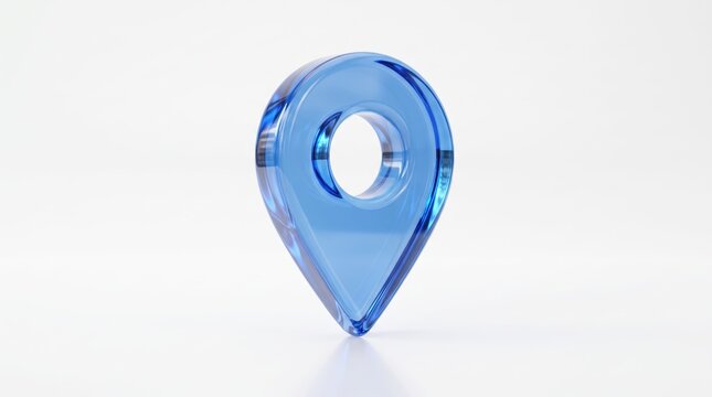 Transparent blue glass location pin icon isolated on white background, 3d render map marker symbol for gps navigation, travel destination and geolocation services