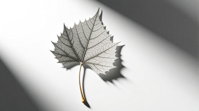 Line drawing of poplar leaf skeleton on white surface. Delicate veins show intricate detail. Light casts shadows creating a minimalist composition.