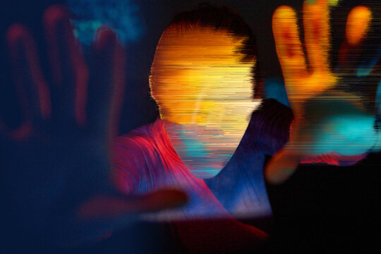 Woman in metaverse with hologram and virtual reality interface