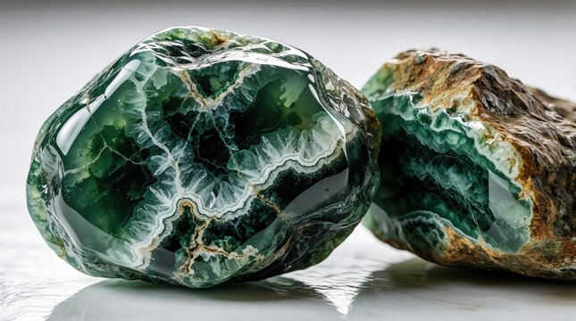 Two uncut jade rocks raw natural specimens showing deep green and white banded layers. One polished stone reveals translucent beauty while rougher rock shows earthy exterior and internal structure.