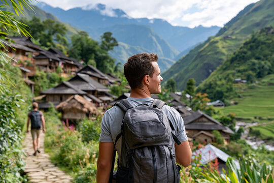 Man walks trail through lush green mountainside. Village nestled among steep hills and terraced fields. Clouds drift above distant, misty peaks. Path winds gently between bamboo and wild grasses