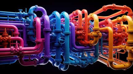 Fototapeta na wymiar Intricate network of colorful industrial pipes in shades of pink, blue, purple, and orange. Valves and joints form complex systems against dark void, suggesting intricate infrastructure or data flow.