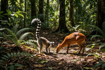 Fototapeta premium Ringtailed lemur and red duiker graze on forest floor. Animals forage for food in lush green jungle. Wildlife encounters with mammal species in natural habitat.