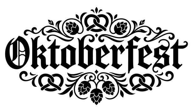 Oktoberfest circular badge with pretzels and hops in classic ornate vector illustration