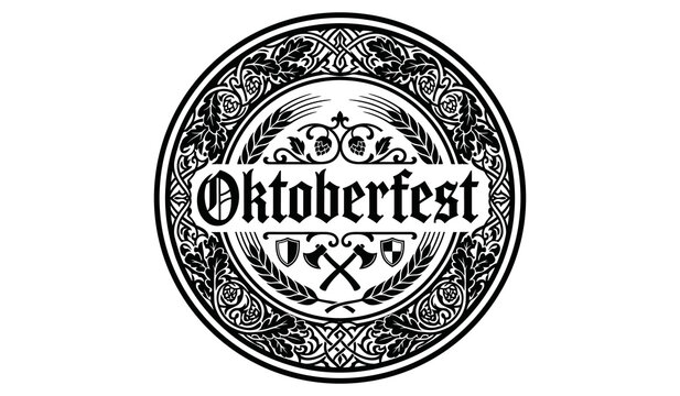 Oktoberfest round emblem with crossed axes and wheat stalks in black and white vector style