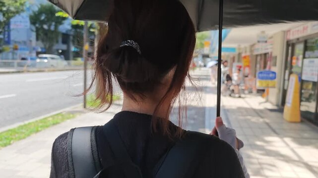 日傘を差して歩く女性の後ろ姿　スローモーション